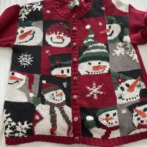 Vintage Tiara International Christmas Sweater Snowmen Faces Cardigan 90's Size M